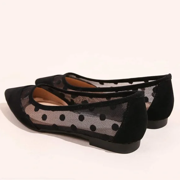 Black Polka Dot Mesh Pointed Toe Flats - Picture 2 of 4